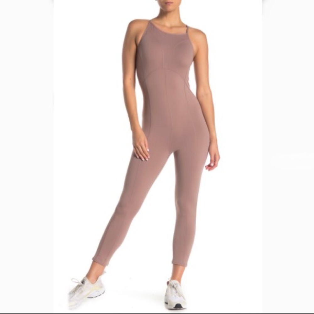 Free People Mauve Taupe High-Neck Fitted Jumpsuit